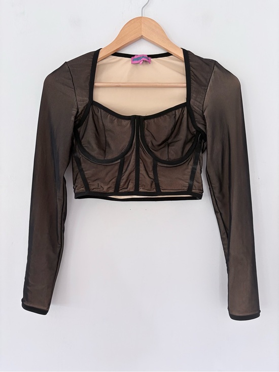 Edikted Tops - EDIKTED Megan Corset Boning Crop LS Top Black Mesh Nude Underwire Accent NWOT M